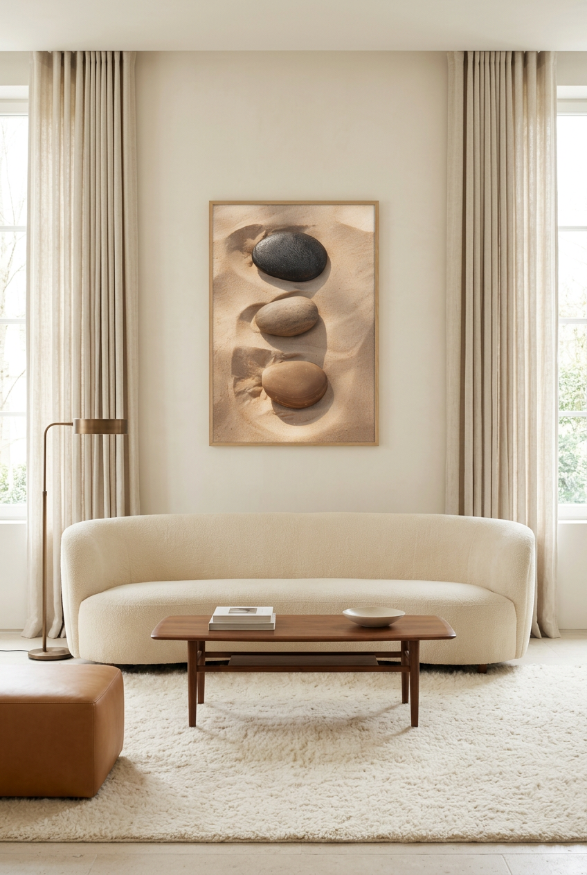 Three Silences — poster in an oak frame in a living room
