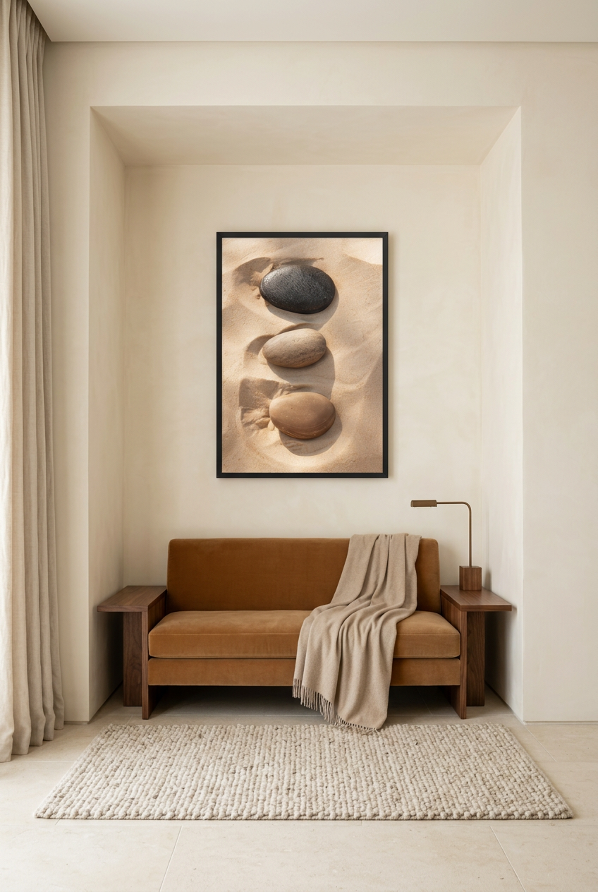 Three Silences — poster in a black frame in a reading room