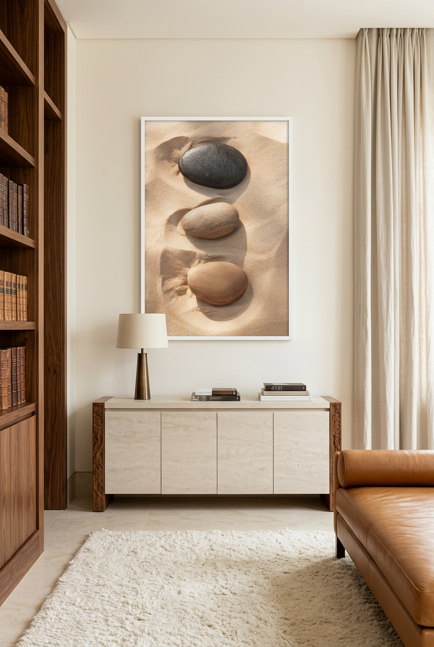 Three Silences — poster in a white frame in a library