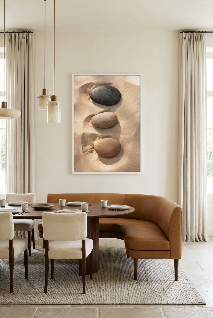 Three Silences — poster in a white frame in a dining room