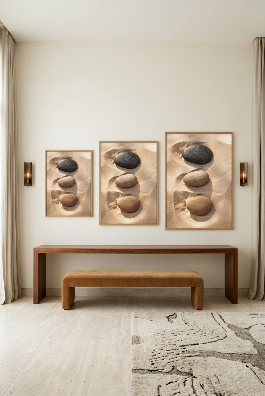 Three Silences — three sizes of the poster in oak frames