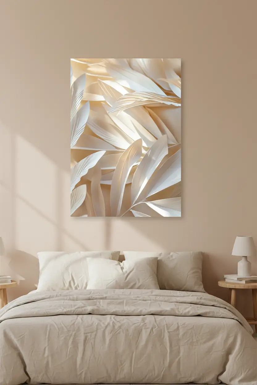 L’Envol Ivoire — Affiche murale minimaliste ivoire blanc végétal aérien, affiche murale minimaliste avec cadre bois, décoration murale salon ou chambre, style méditerranéen