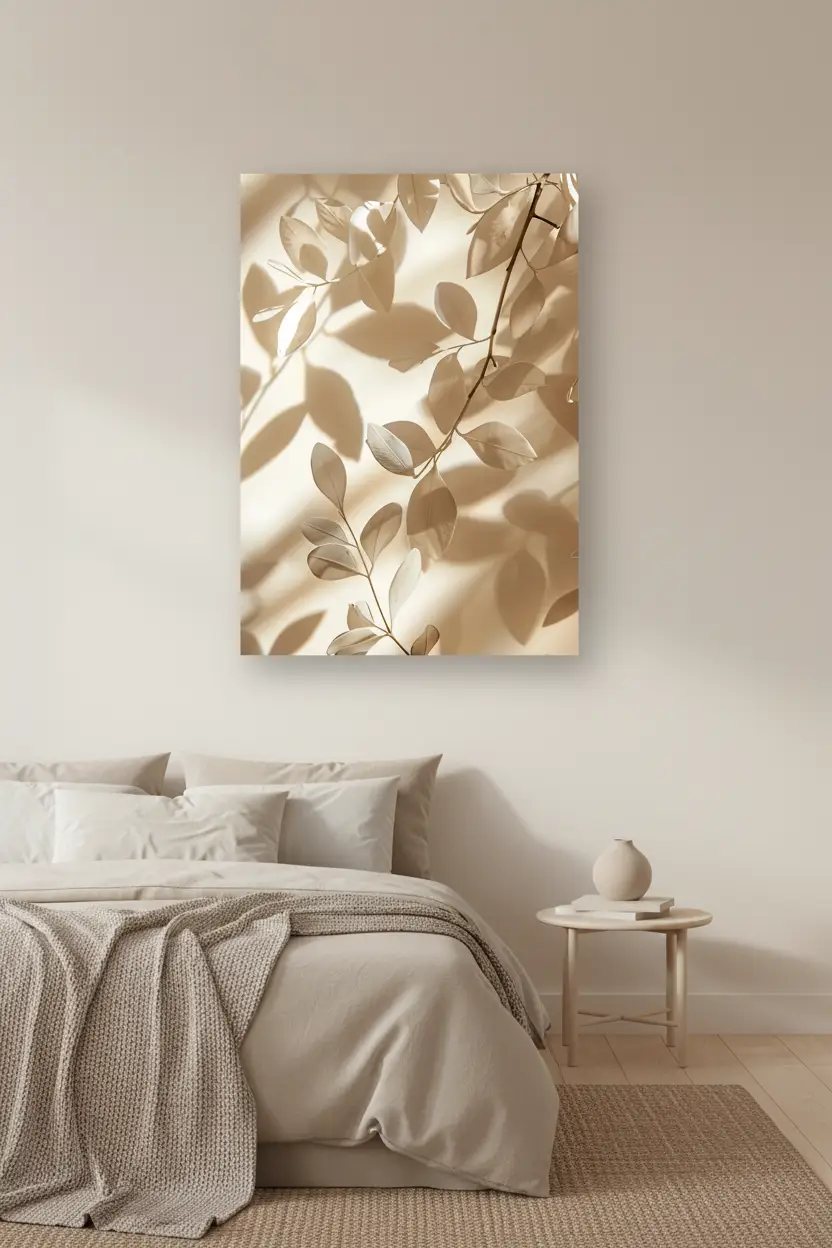 Les Feuilles et leurs Ombres — Affiche murale minimaliste ivoire végétal, affiche murale minimaliste avec cadre bois, décoration murale salon ou chambre, style méditerranéen