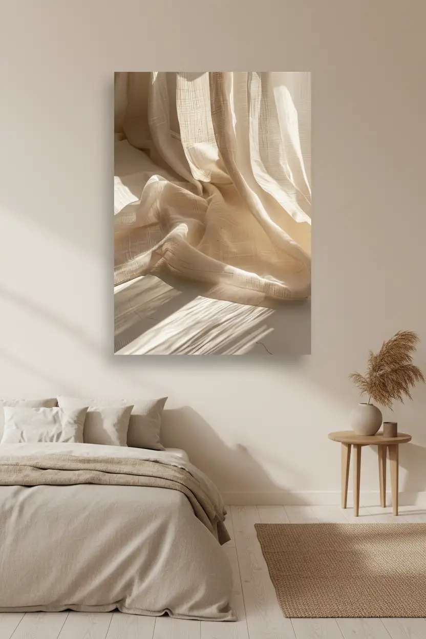 Le Rideau de Lin — Affiche murale minimaliste ivoire texture lumière, affiche murale minimaliste avec cadre bois, décoration murale salon ou chambre, style méditerranéen