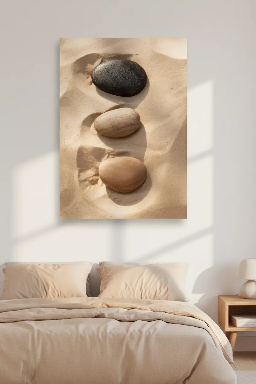Trois Silences — Affiche murale minimaliste galet noir beige sable — affiche murale minimaliste | Cassili-home