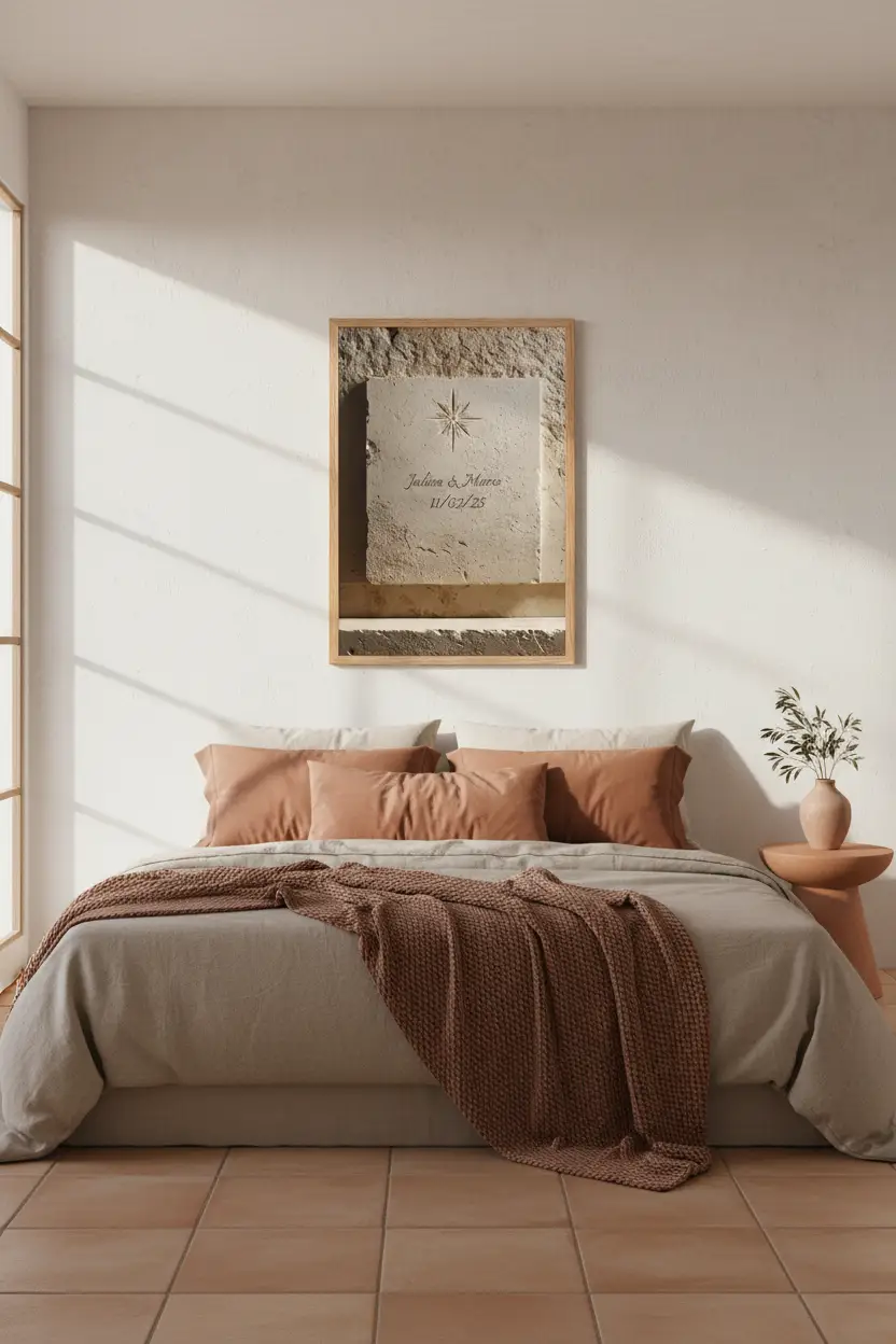 L'Étoile Gravée — Affiche murale personnalisable pierre méditerranéenne, affiche murale minimaliste avec cadre bois, décoration murale salon ou chambre, style méditerranéen