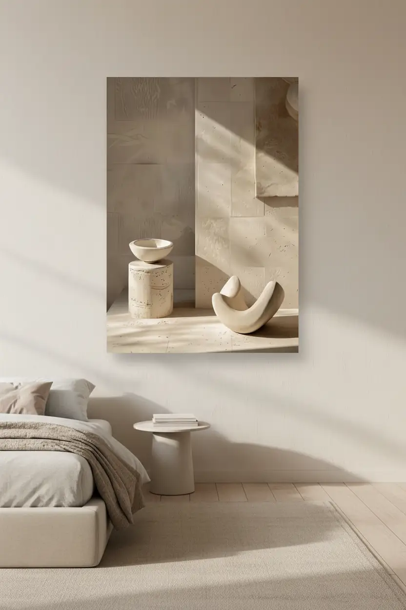 L'Offrande de Pierre — Affiche murale minimaliste sable minéral, affiche murale minimaliste avec cadre bois, décoration murale salon ou chambre, style méditerranéen