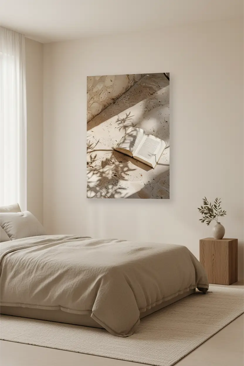 L'Ombre du Livre — Affiche murale minimaliste beige travertin, affiche murale minimaliste avec cadre bois, décoration murale salon ou chambre, style méditerranéen