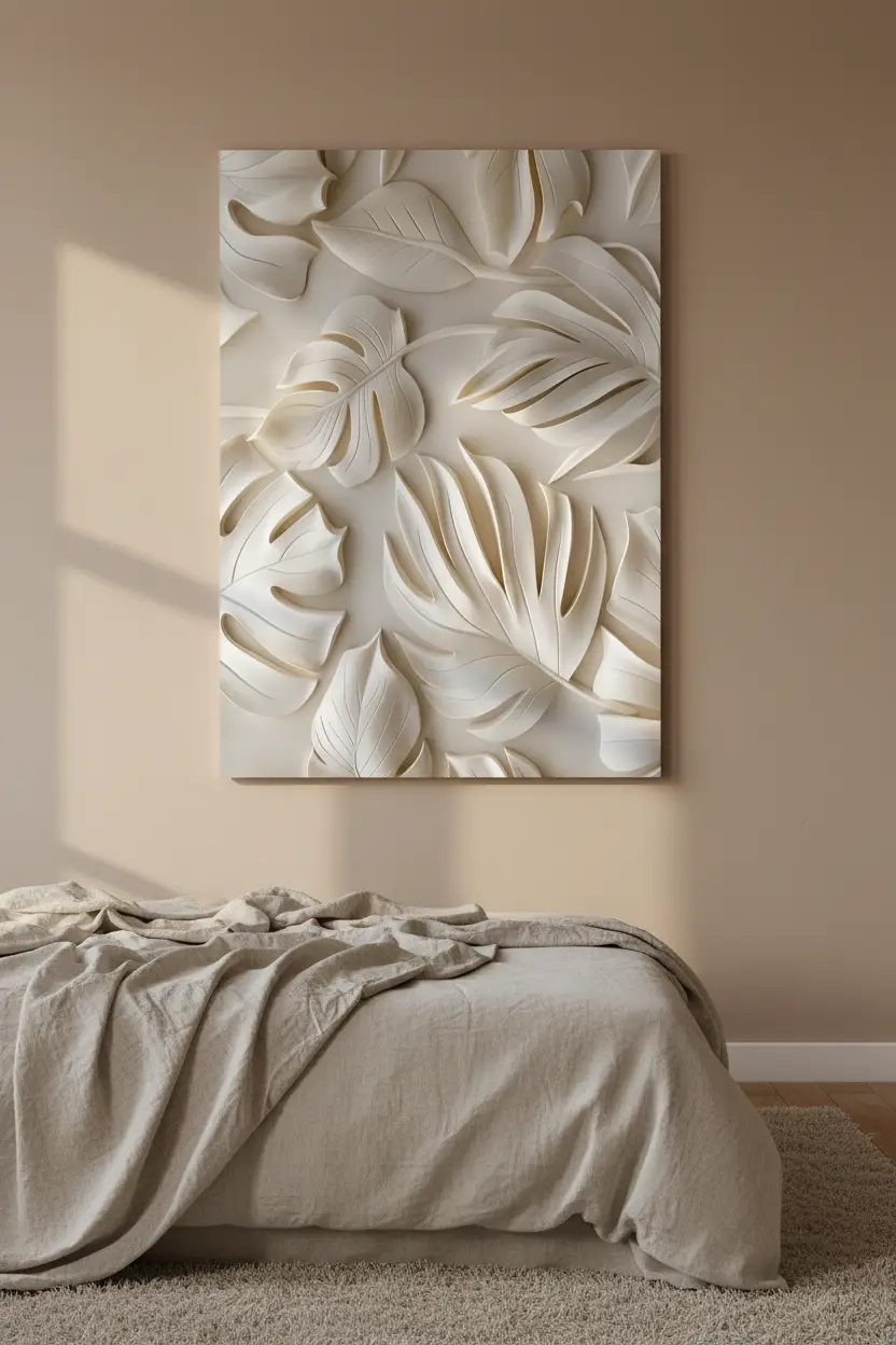 Le Souffle des Feuilles — Affiche murale minimaliste ivoire végétal sculpté, affiche murale minimaliste avec cadre bois, décoration murale salon ou chambre, style méditerranéen