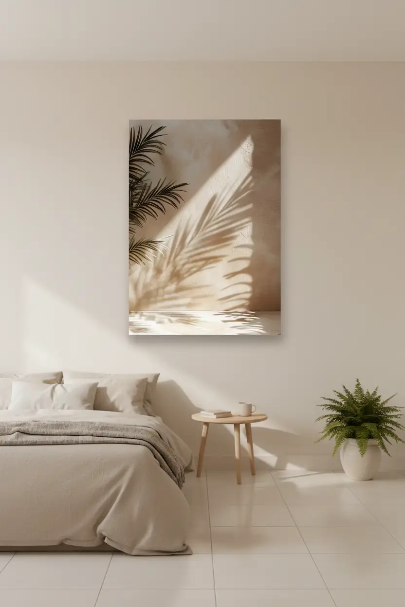 L'Areca et son Ombre — Affiche murale minimaliste sable végétal, affiche murale minimaliste avec cadre bois, décoration murale salon ou chambre, style méditerranéen