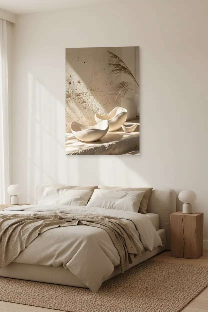 Les Céramiques Sculptées — Affiche murale minimaliste ivoire minéral, affiche murale minimaliste avec cadre bois, décoration murale salon ou chambre, style méditerranéen