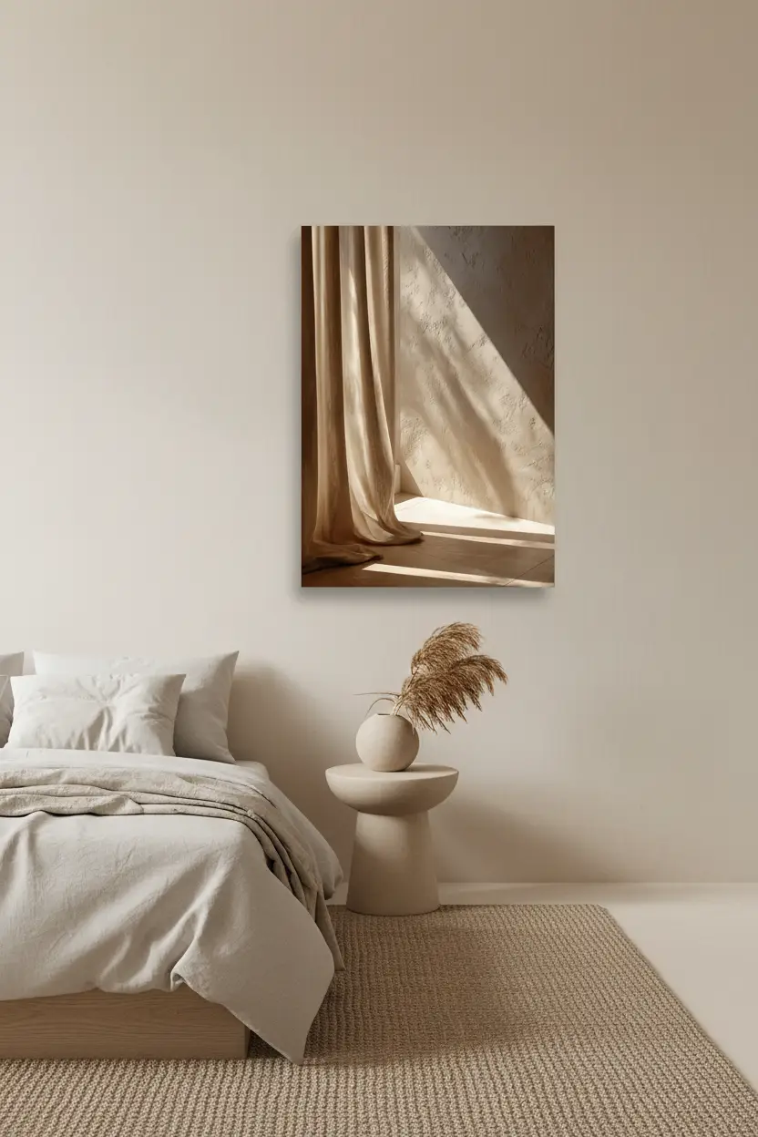 Le Rideau et la Lumière — Affiche murale minimaliste ivoire sable lumière, affiche murale minimaliste avec cadre bois, décoration murale salon ou chambre, style méditerranéen
