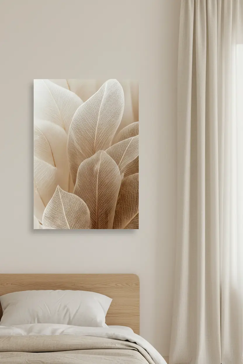 La Dentelle des Feuilles — Affiche murale minimaliste beige végétal translucide, affiche murale minimaliste avec cadre bois, décoration murale salon ou chambre, style méditerranéen