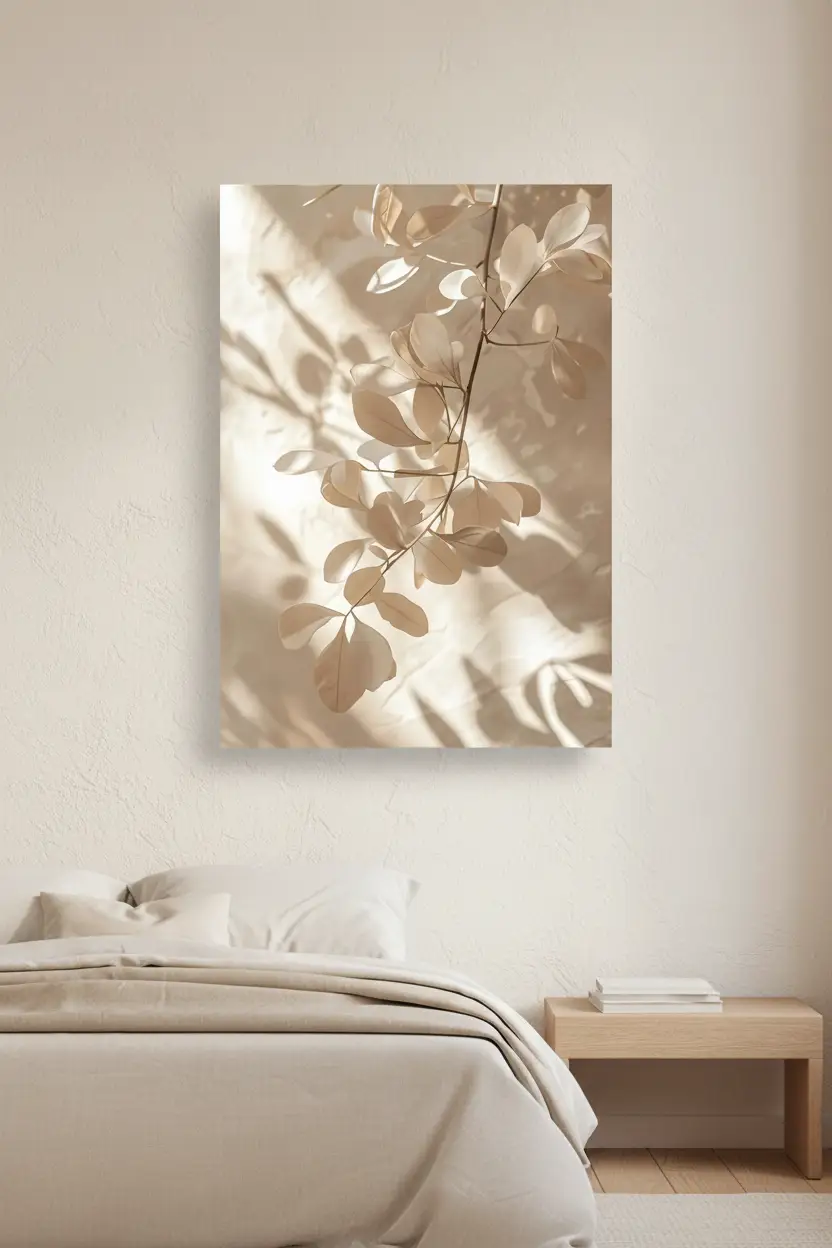 La Branche Dorée — Affiche murale minimaliste ivoire végétal, affiche murale minimaliste avec cadre bois, décoration murale salon ou chambre, style méditerranéen