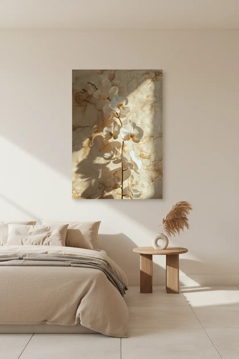 Die Goldene Orchidee – Minimalistisches florales Wandposter in Elfenbein