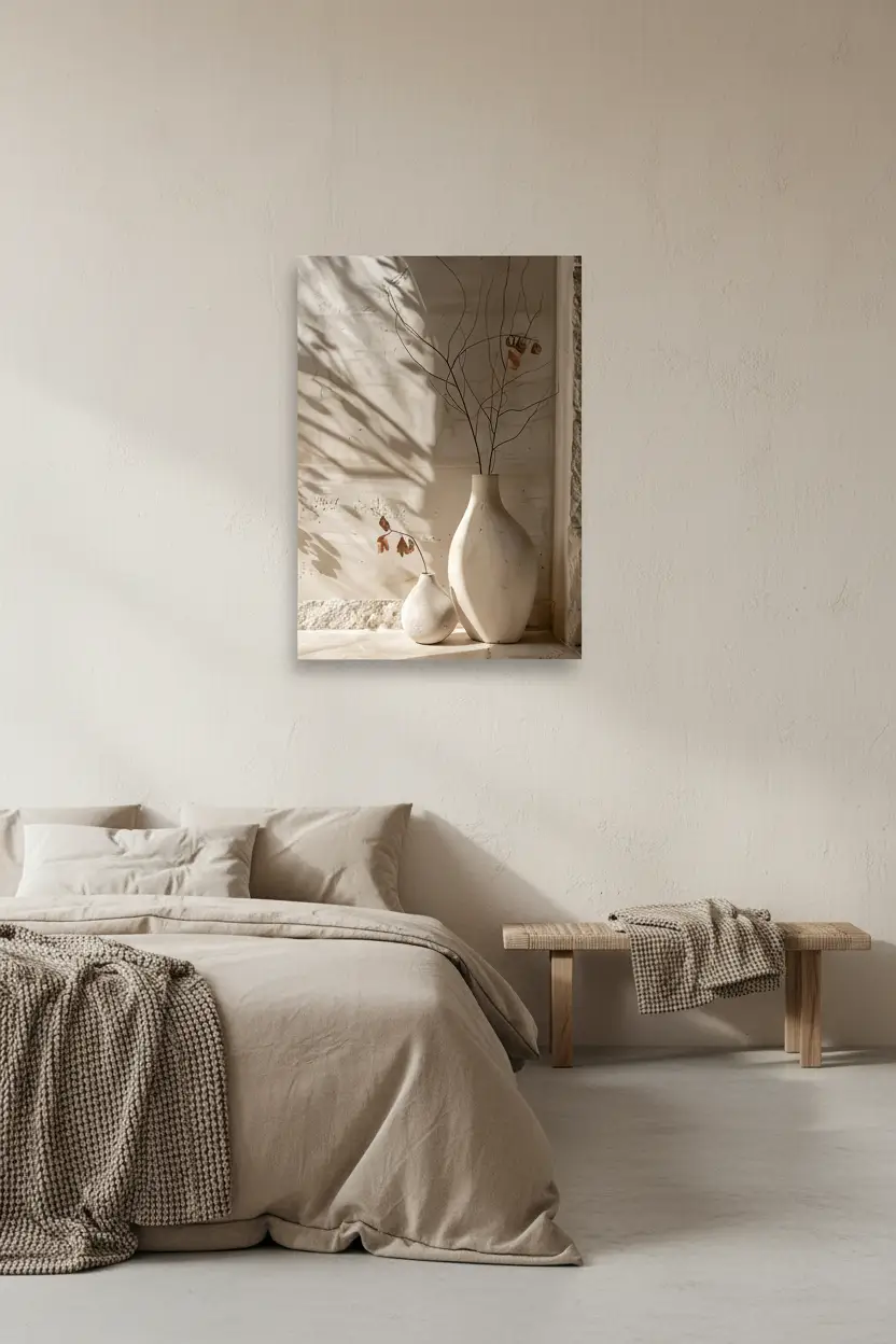L'Ombre des Branches — Affiche murale minimaliste ivoire minéral, affiche murale minimaliste avec cadre bois, décoration murale salon ou chambre, style méditerranéen
