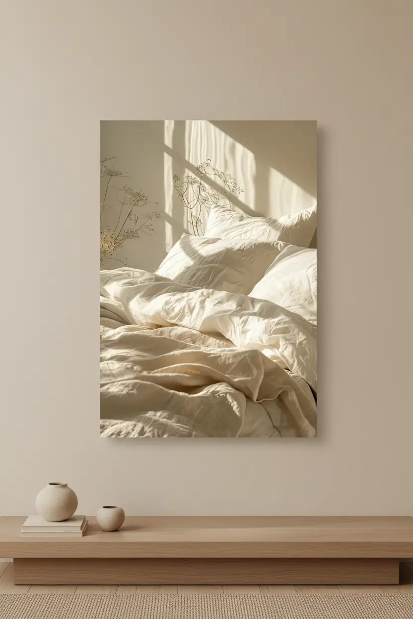 Le Lit du Matin — Affiche murale minimaliste ivoire texture lumière, affiche murale minimaliste avec cadre bois, décoration murale salon ou chambre, style méditerranéen
