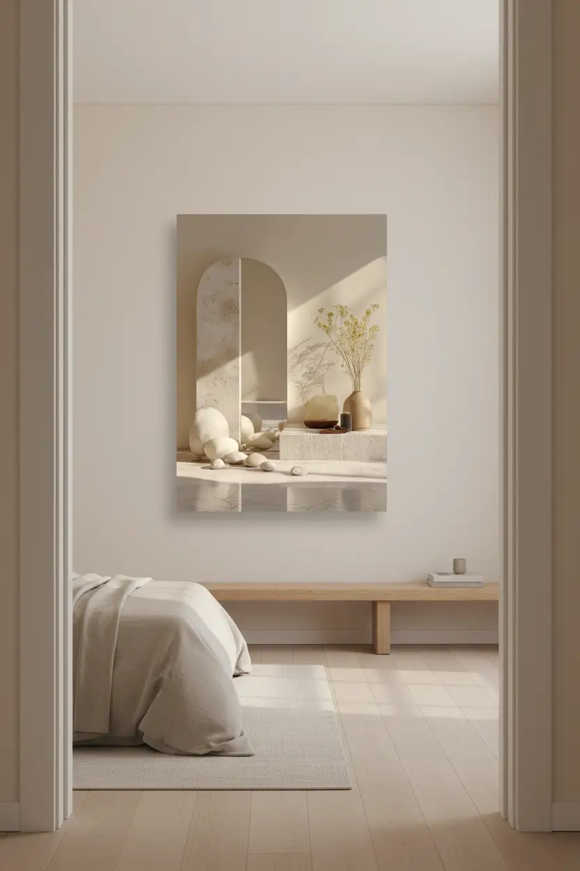 L'Arche et les Galets — Affiche murale minimaliste ivoire architecture, affiche murale minimaliste avec cadre bois, décoration murale salon ou chambre, style méditerranéen