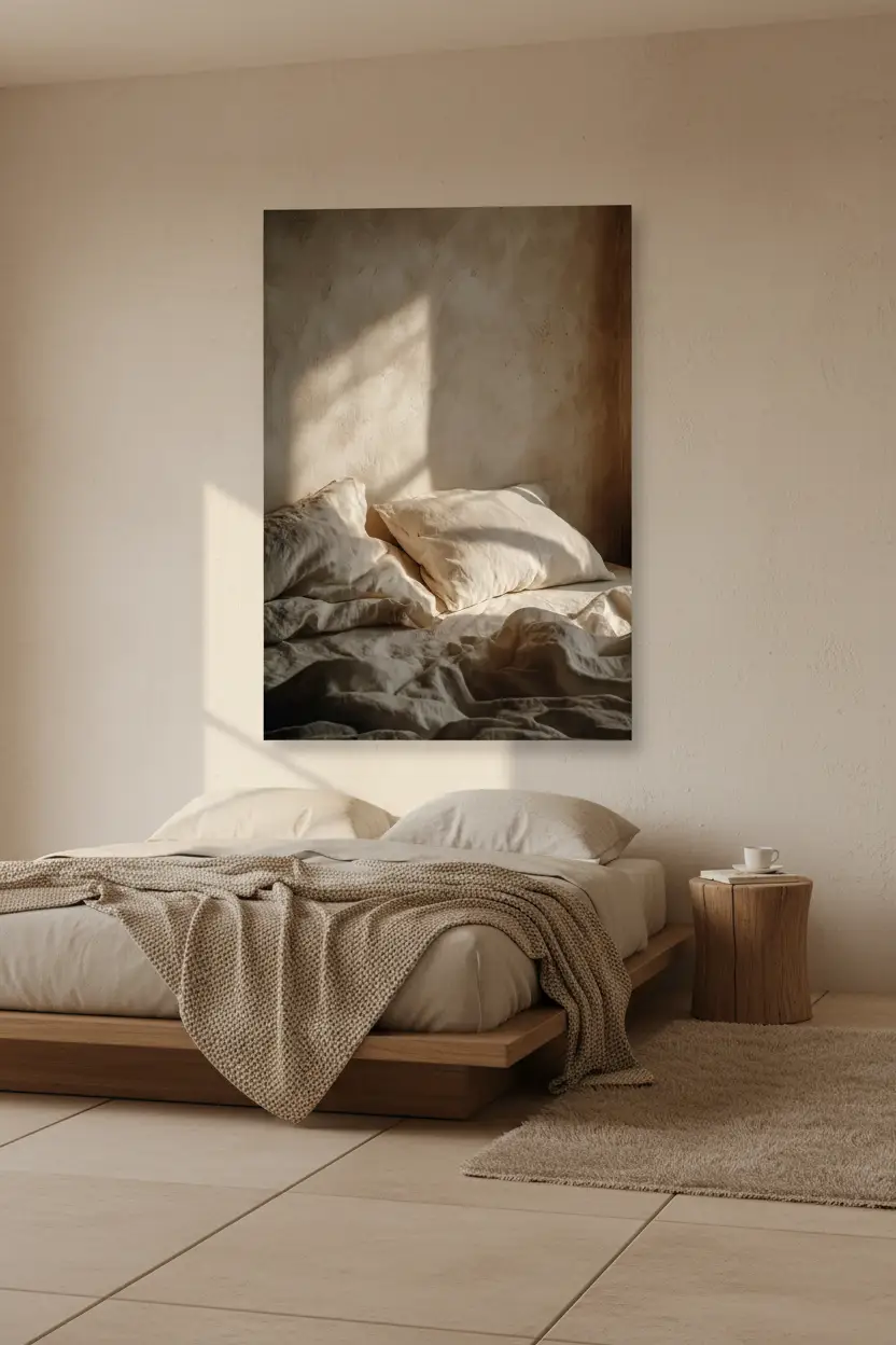 L'Aube sur le Lin — Affiche murale minimaliste sable linge, affiche murale minimaliste avec cadre bois, décoration murale salon ou chambre, style méditerranéen