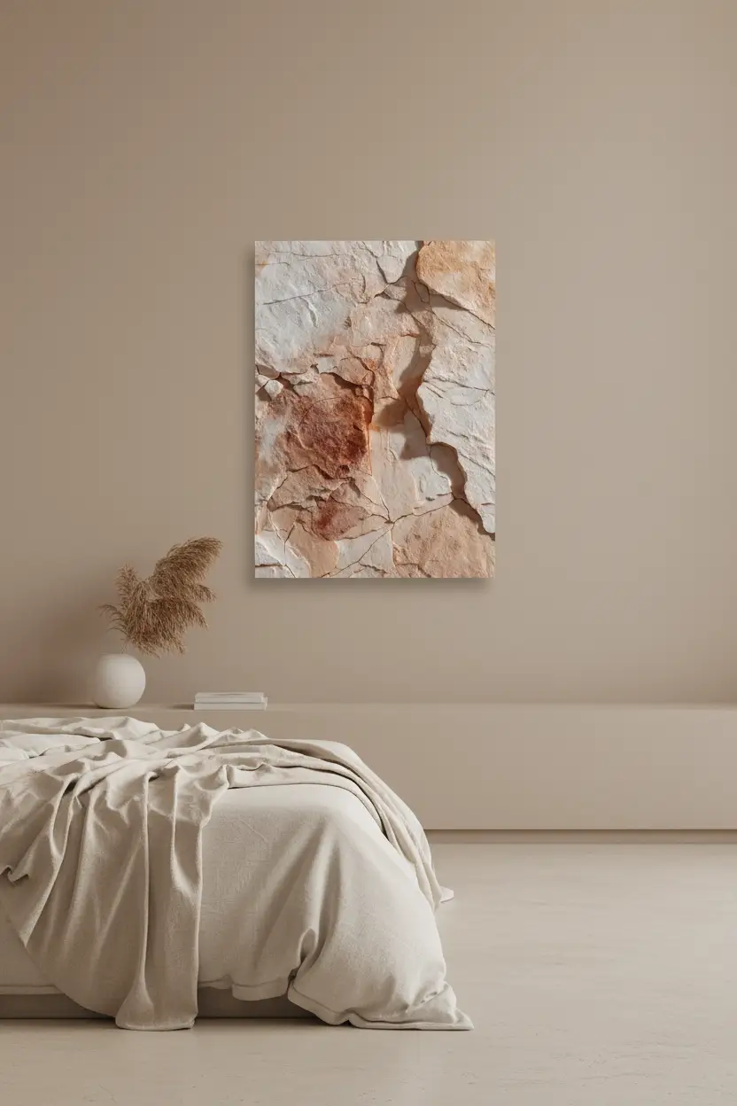 L'Éclat de Calcaire — Affiche murale minimaliste minérale sable, affiche murale minimaliste avec cadre bois, décoration murale salon ou chambre, style méditerranéen