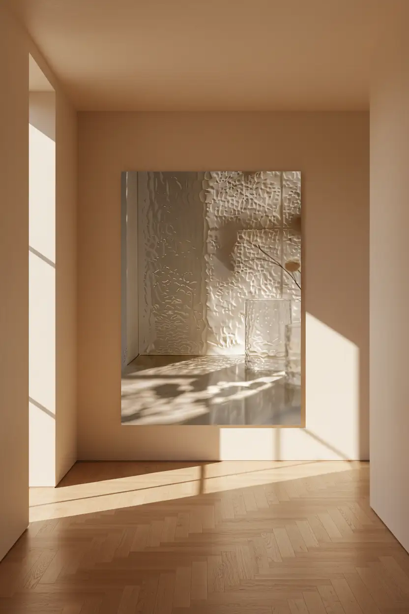 Le Verre Cathédrale — Affiche murale minimaliste ivoire reflets aquatiques lumière, affiche murale minimaliste avec cadre bois, décoration murale salon ou chambre, style méditerranéen