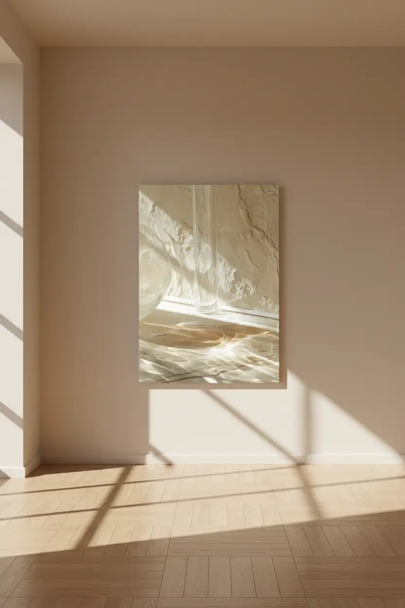 L’Eau et le Verre — Affiche murale minimaliste ivoire reflets aquatiques verre, affiche murale minimaliste avec cadre bois, décoration murale salon ou chambre, style méditerranéen