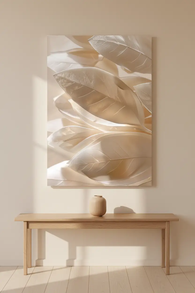 La Nacre des Feuilles – Minimalistisches Wandposter Elfenbein Gold Pflanze