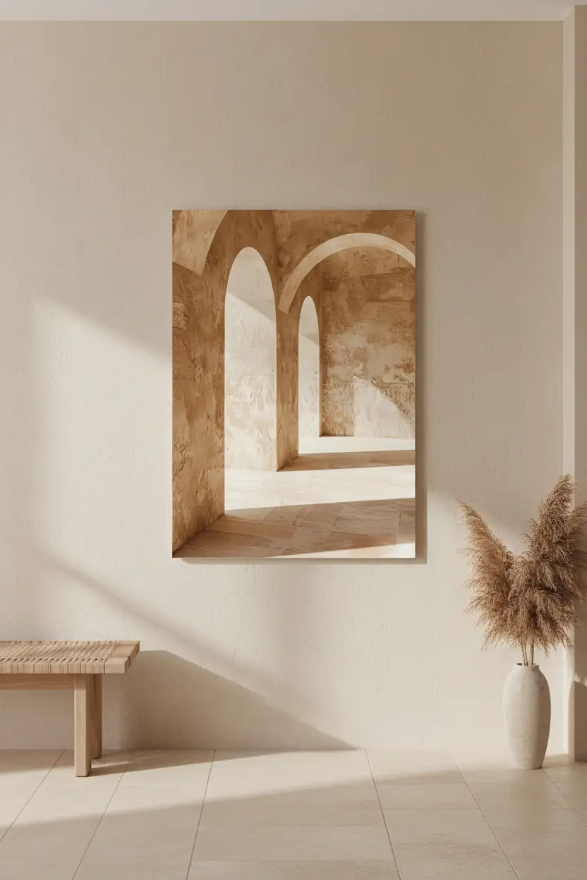 La Salle des Arches — Affiche murale minimaliste ocre architecture, affiche murale minimaliste avec cadre bois, décoration murale salon ou chambre, style méditerranéen