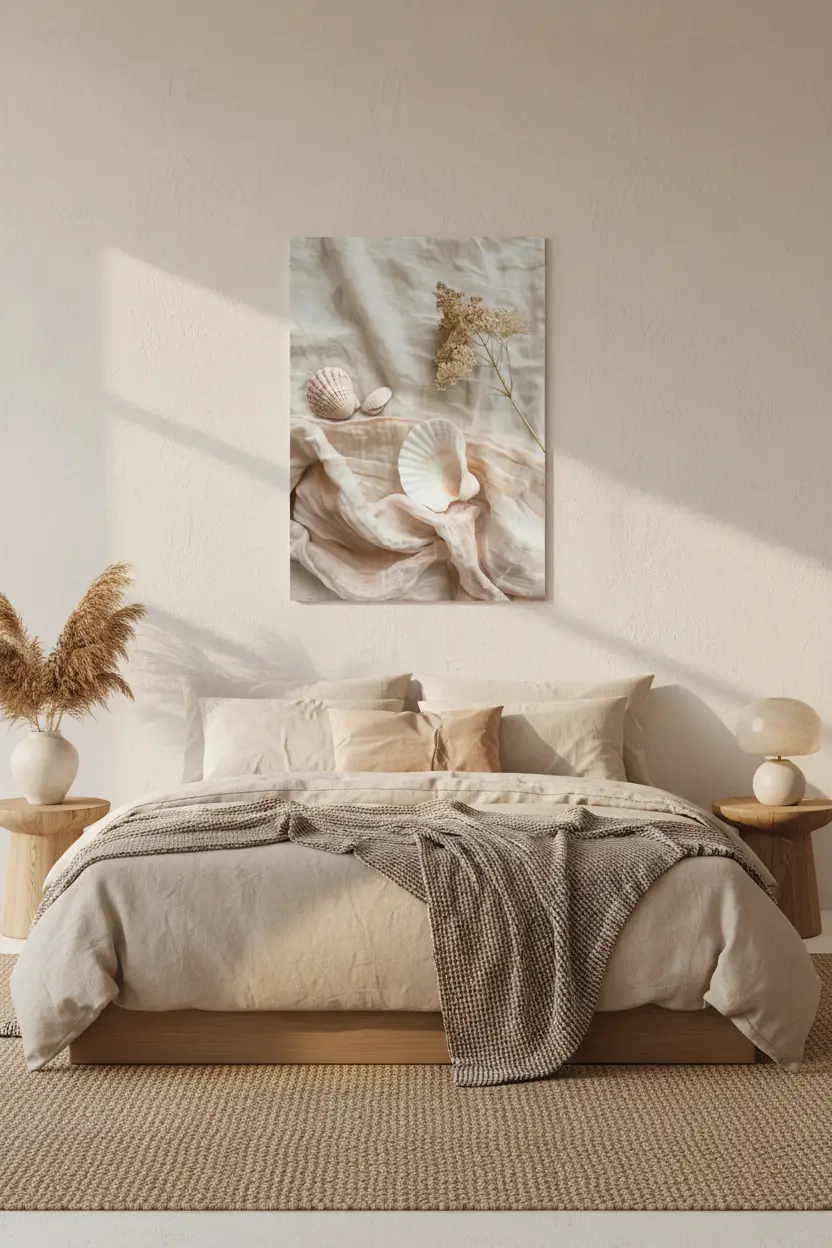 L’Écume — Affiche murale minimaliste coquillages ivoire voile pêche lin blanc fleur séchée nature mer — affiche murale minimaliste | Cassili-home