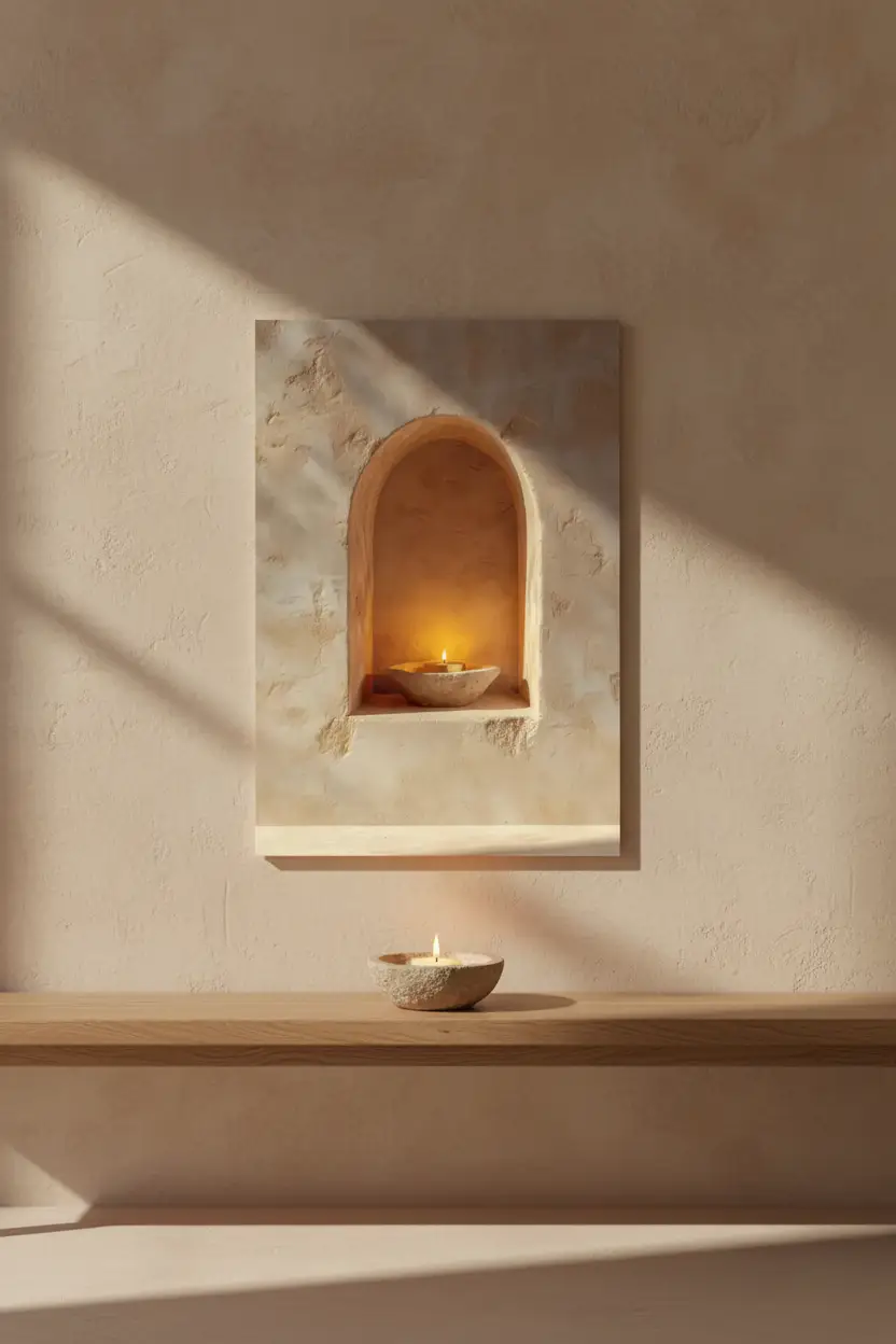 La Fiamma della Soglia — Poster murale minimalista sabbia nicchia arco