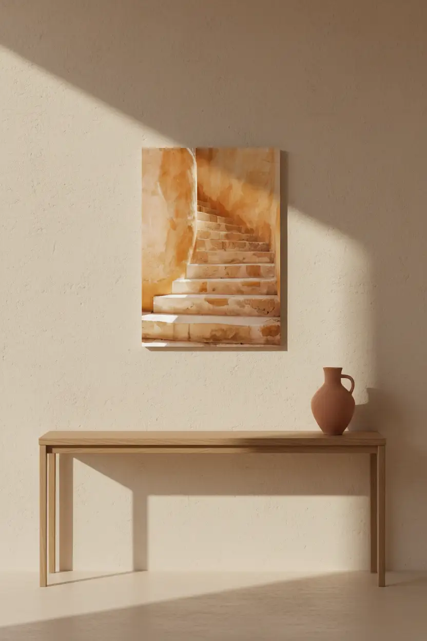 A Subida Dourada — Poster de parede minimalista ocre dourado escada pedra