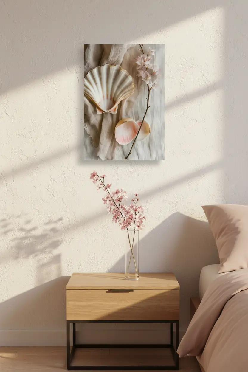 La Perle du Matin — Affiche murale minimaliste coquille Saint-Jacques ivoire fleurs cerisier rose pêche lin blanc — affiche murale minimaliste | Cassili-home