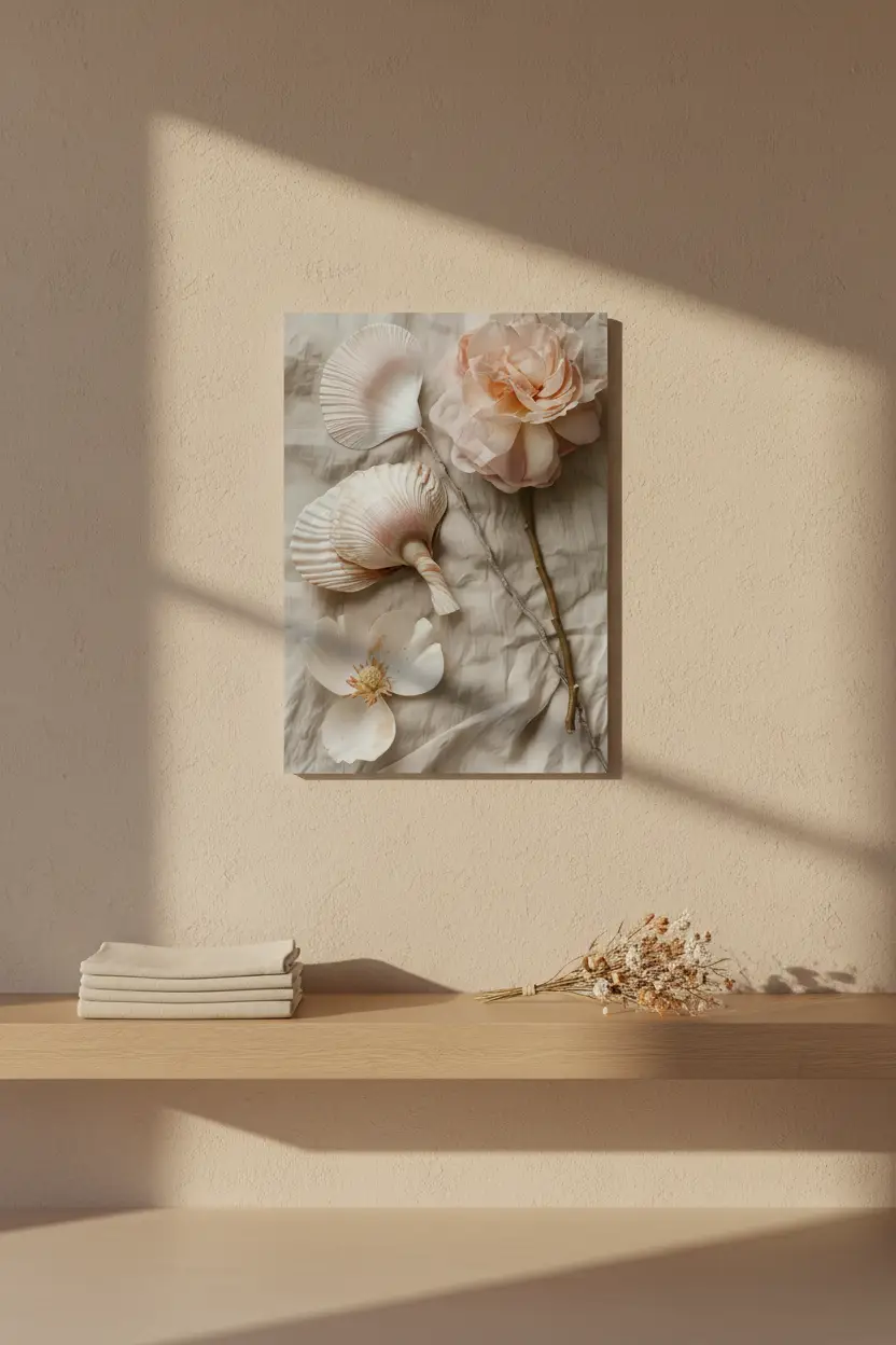 La Récolte — Affiche murale minimaliste coquillages rose pêche fleur blanche lin beige nature mer — affiche murale minimaliste | Cassili-home
