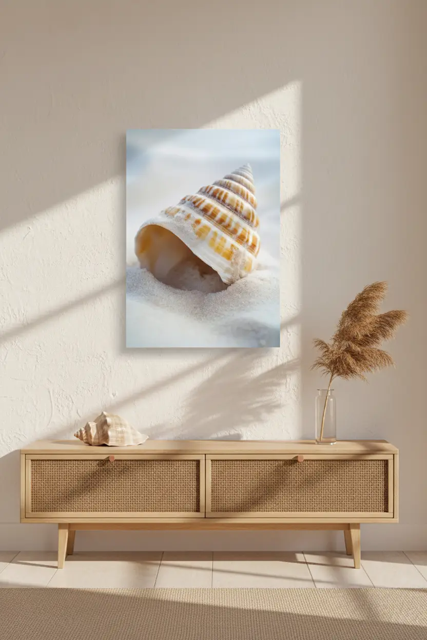 La Spirale du Large — Affiche murale minimaliste coquille conique ivoire ambre sable blanc vague nature mer — affiche murale minimaliste | Cassili-home