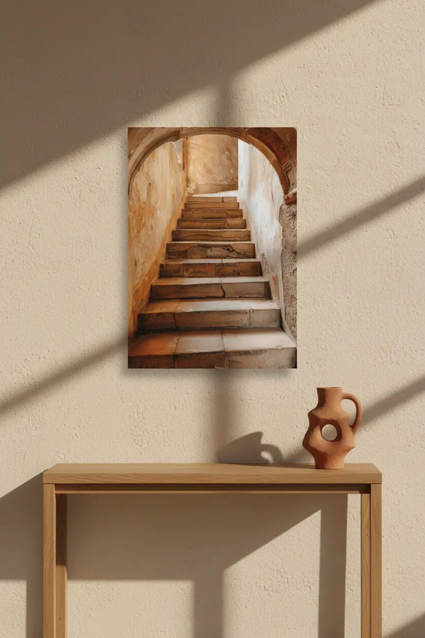 L’Arche Ancienne — Affiche murale minimaliste beige terracotta escalier arche pierre médiéval — affiche murale minimaliste | Cassili-home