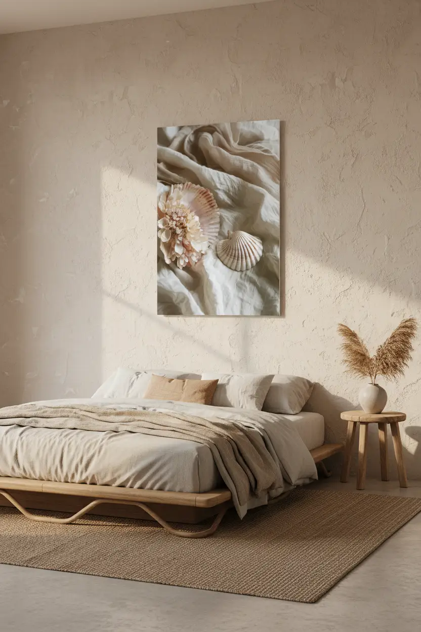 Le Nid de Nacre — Affiche murale minimaliste coquille rose pêche dahlia ivoire lin beige sable nature mer — affiche murale minimaliste | Cassili-home