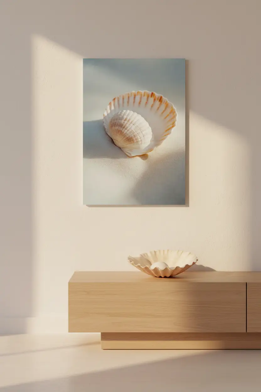 Le Secret de Nacre — Affiche murale minimaliste coquille Saint-Jacques ivoire pêche petite coquille sable blanc nature mer — affiche murale minimaliste | Cassili-home