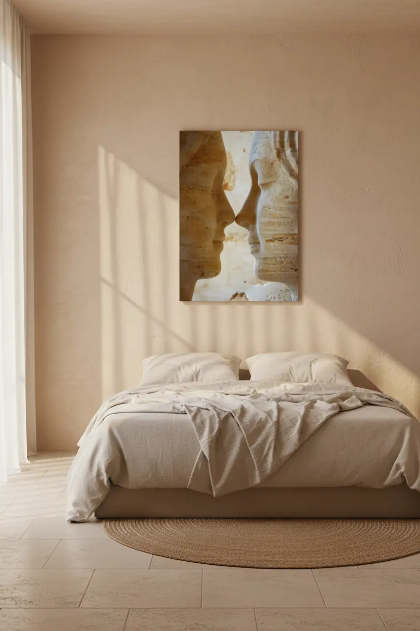 Le Souffle — Affiche murale minimaliste ocre ivoire deux visages face à face pierre — affiche murale minimaliste | Cassili-home