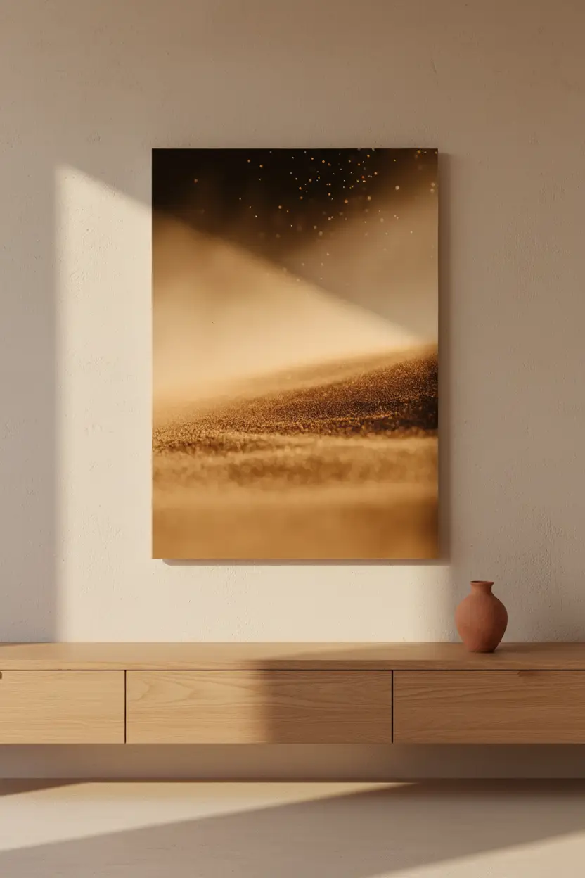 L’Envol du Sable — Affiche murale minimaliste dune dorée tempête particules or sable minéral — affiche murale minimaliste | Cassili-home