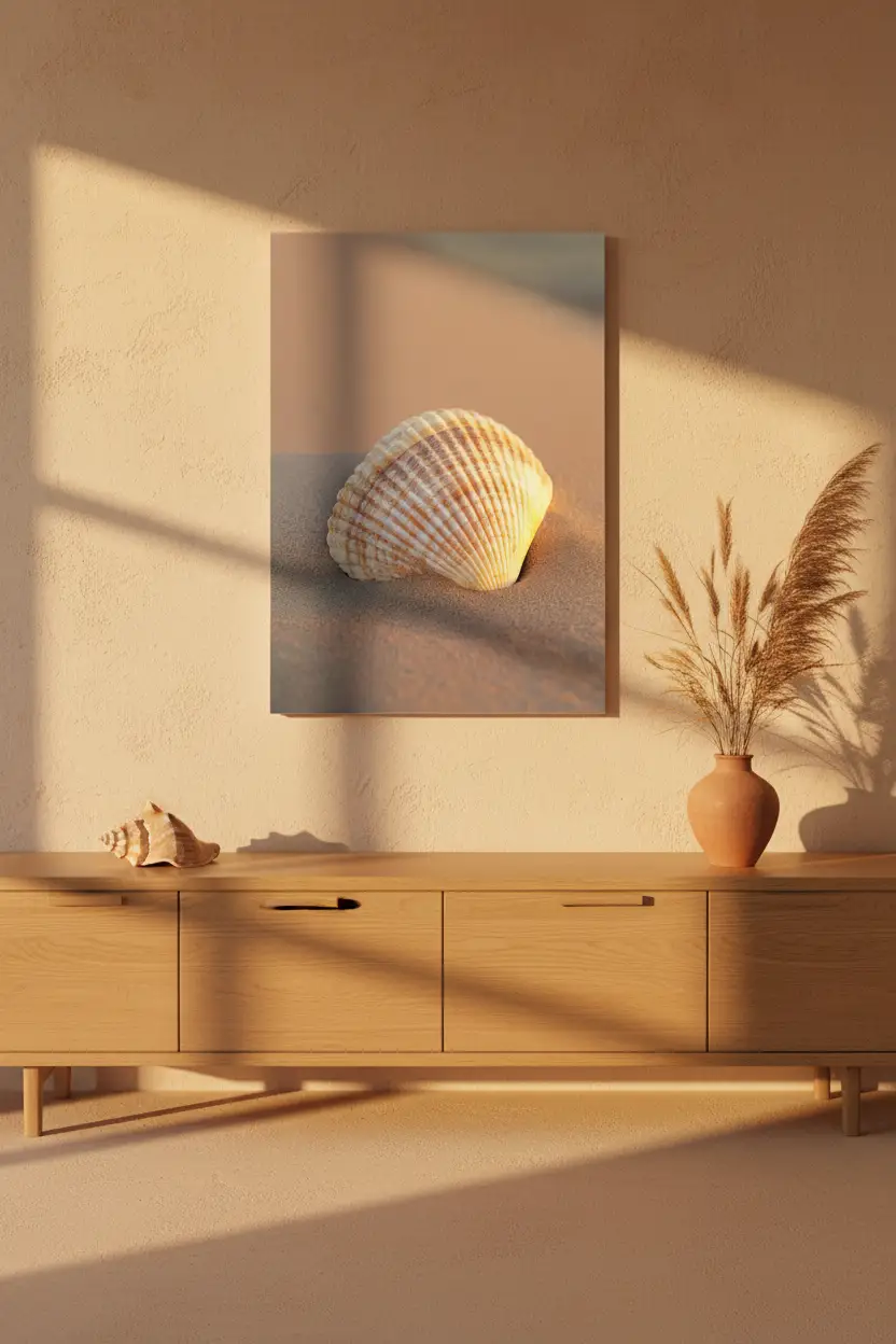 L’Heure Dorée — Minimalistische ivoorkleurige schelp zand wandposter
