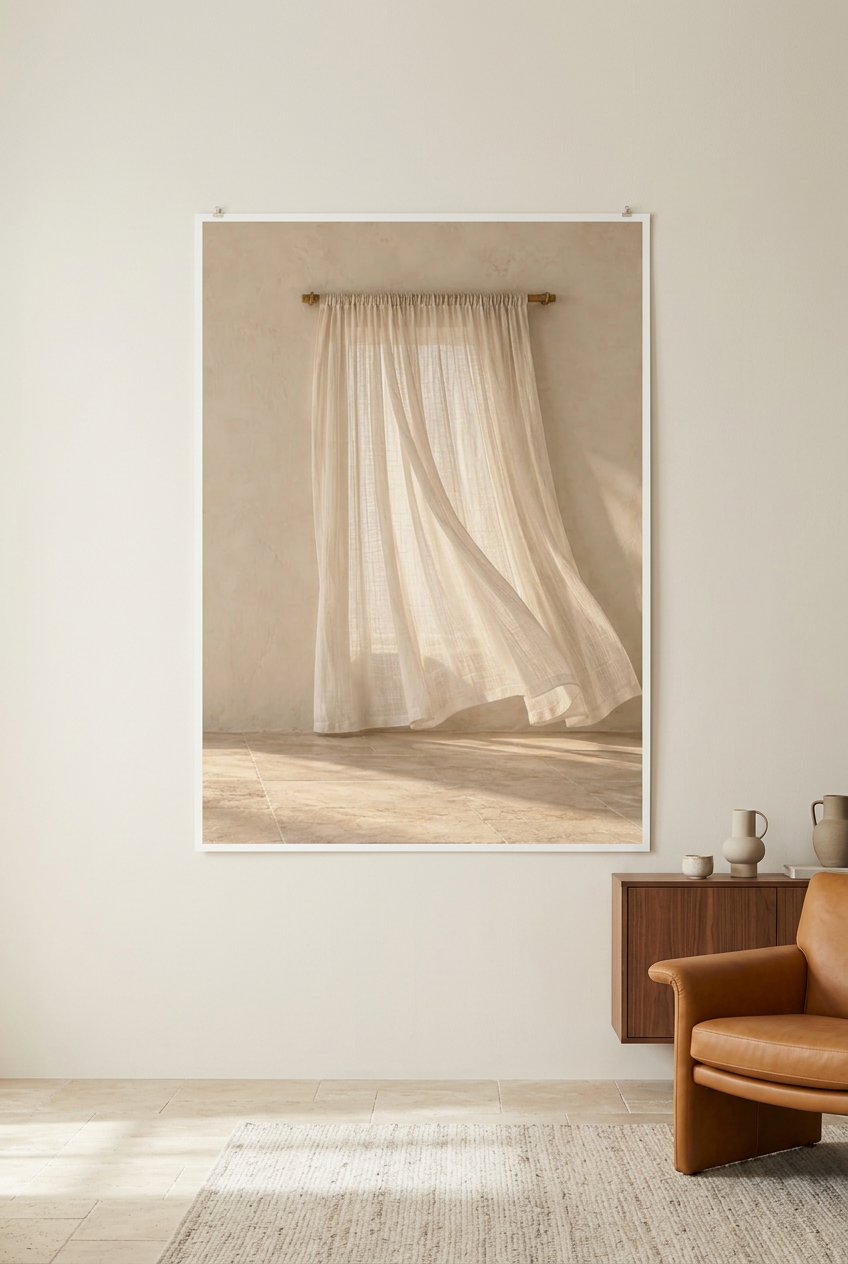 The Curtain in the Breeze — unframed poster in a living room