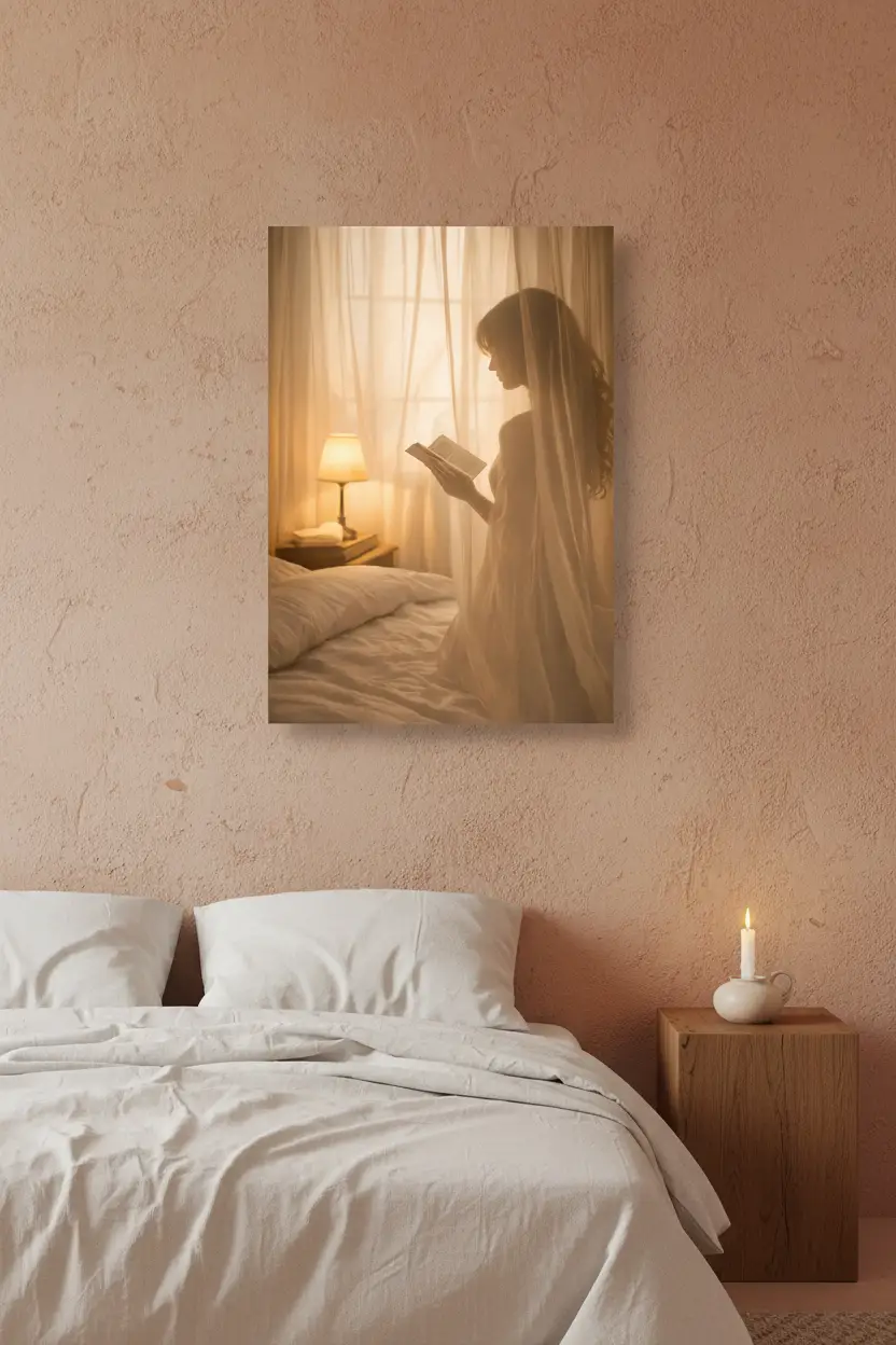 La Lectrice — Affiche murale minimaliste silhouette féminine lecture lumière dorée, affiche murale minimaliste avec cadre bois, décoration murale salon ou chambre, style méditerranéen
