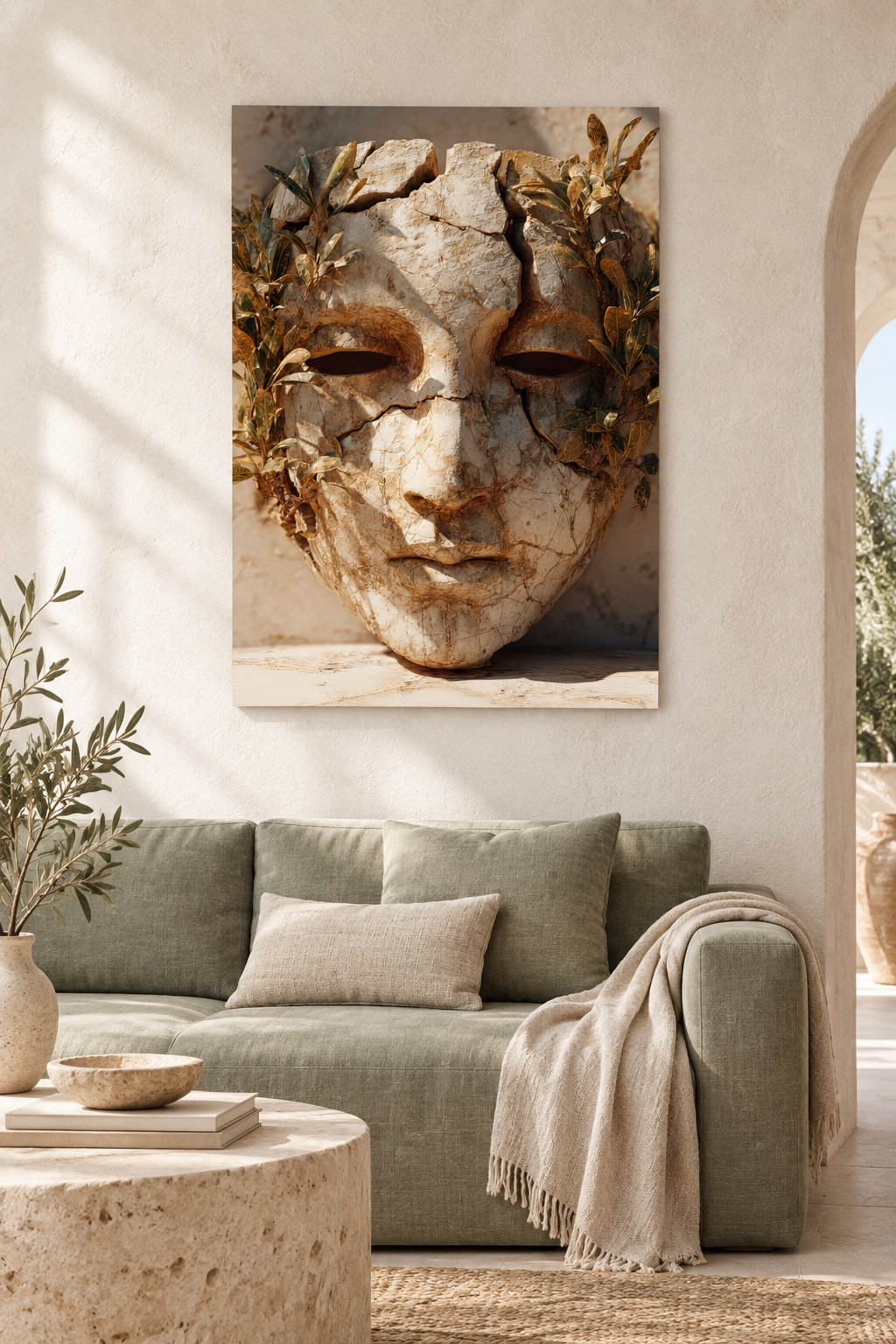 Das Gesicht mit Zweigen in einem mediterranen Wohnzimmer