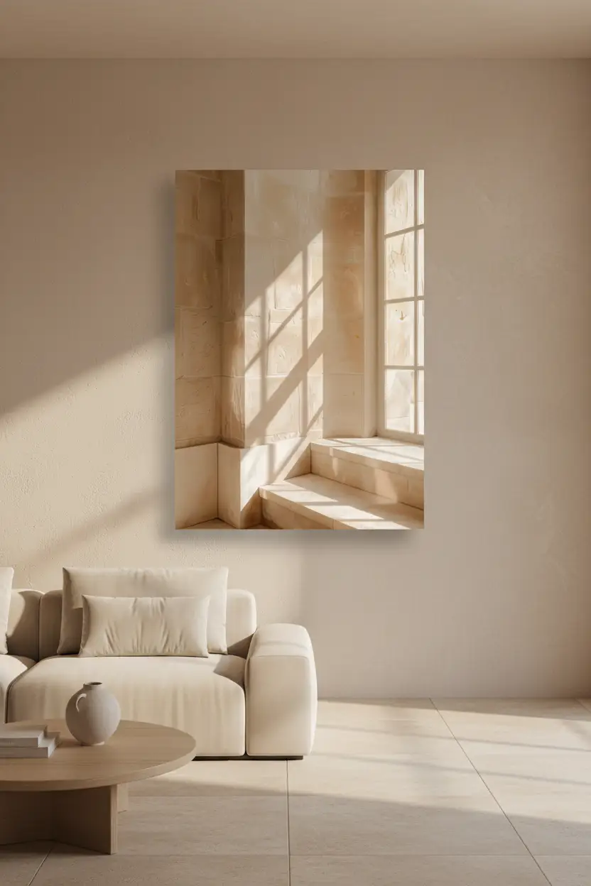La Fenêtre de Pierre — Affiche murale minimaliste sable architecture, affiche murale minimaliste avec cadre bois, décoration murale salon ou chambre, style méditerranéen