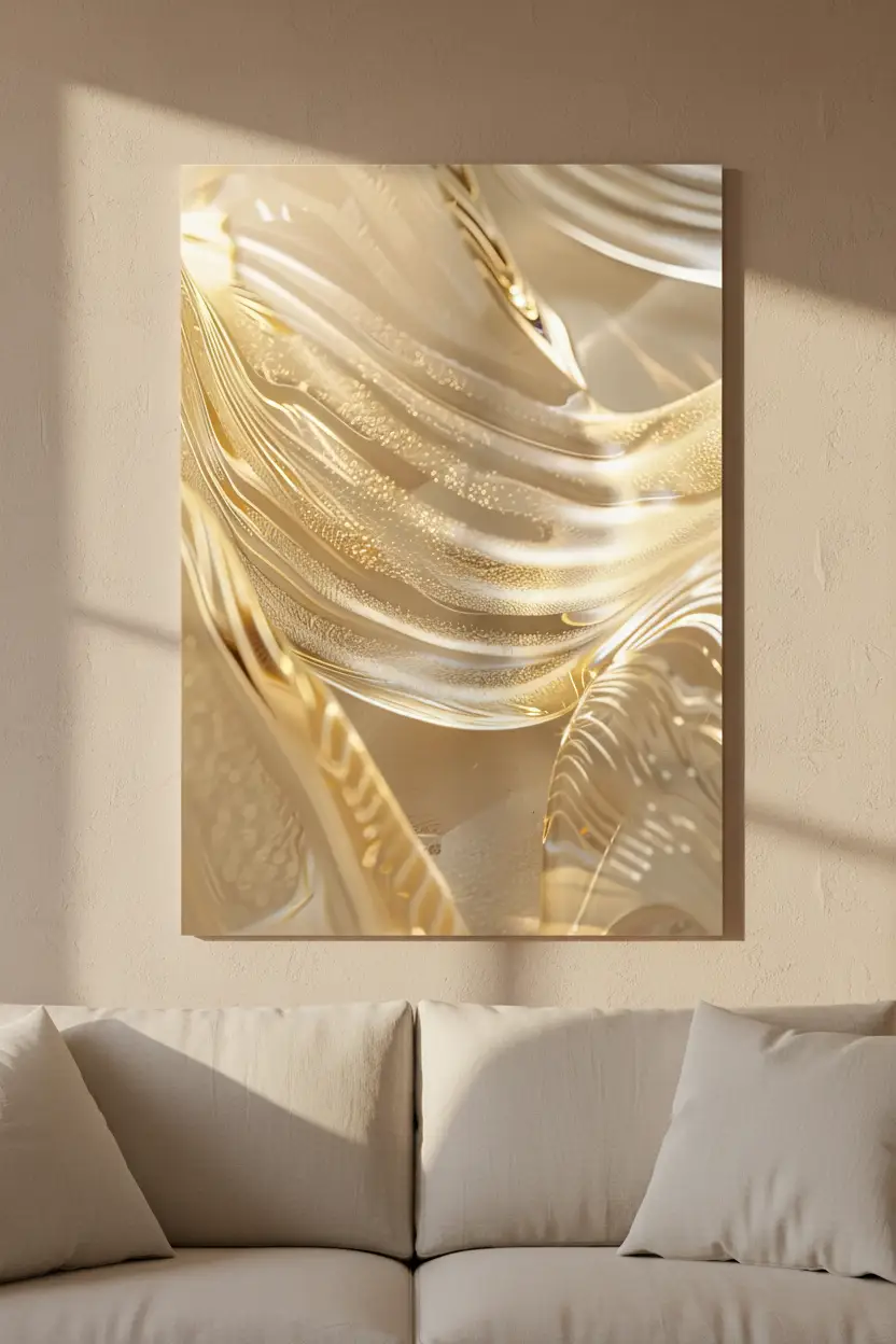 L’Or Fondu — Affiche murale minimaliste or doré verre abstrait luxe, affiche murale minimaliste avec cadre bois, décoration murale salon ou chambre, style méditerranéen