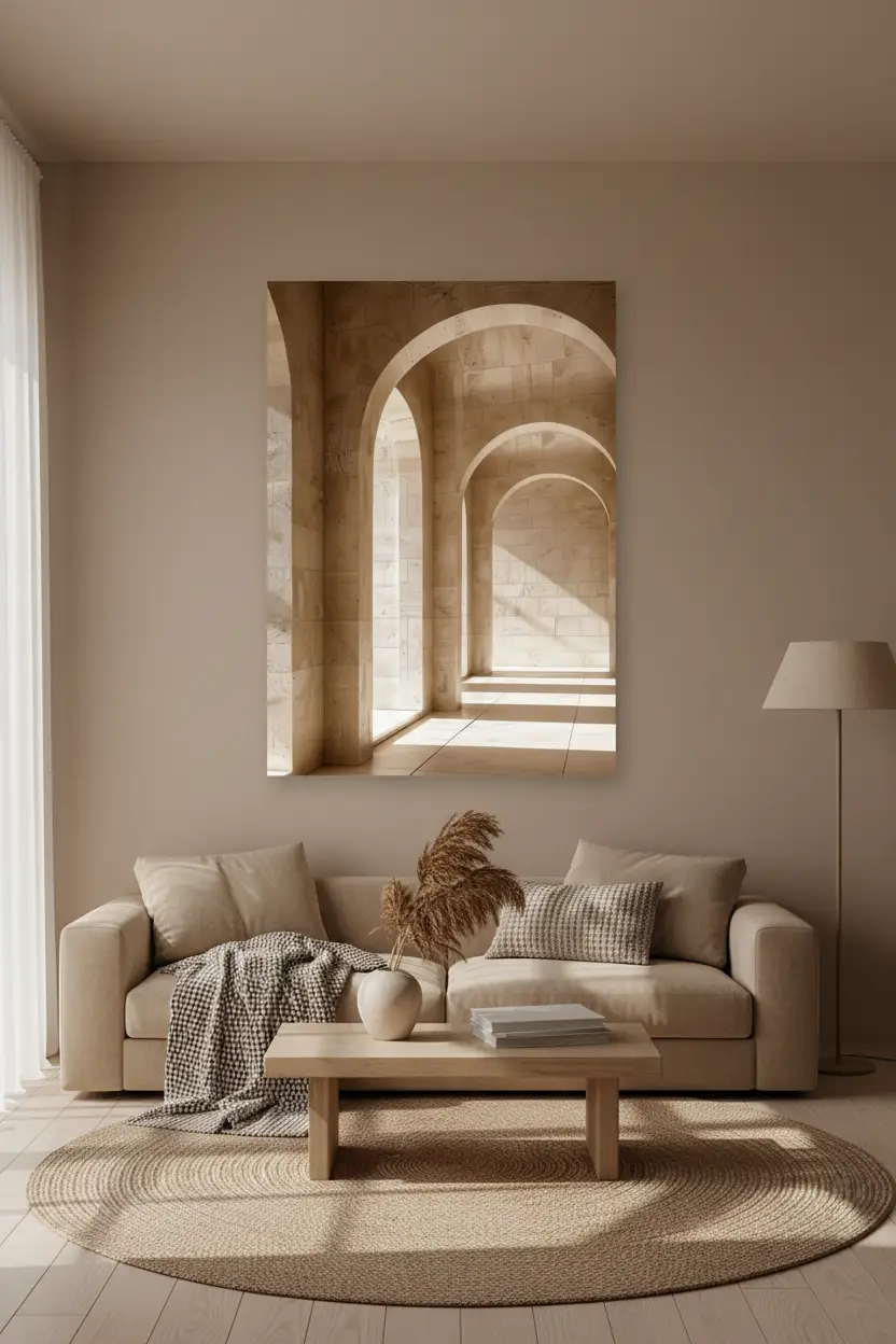Le Portique de Pierre — Affiche murale minimaliste beige architecture, affiche murale minimaliste avec cadre bois, décoration murale salon ou chambre, style méditerranéen