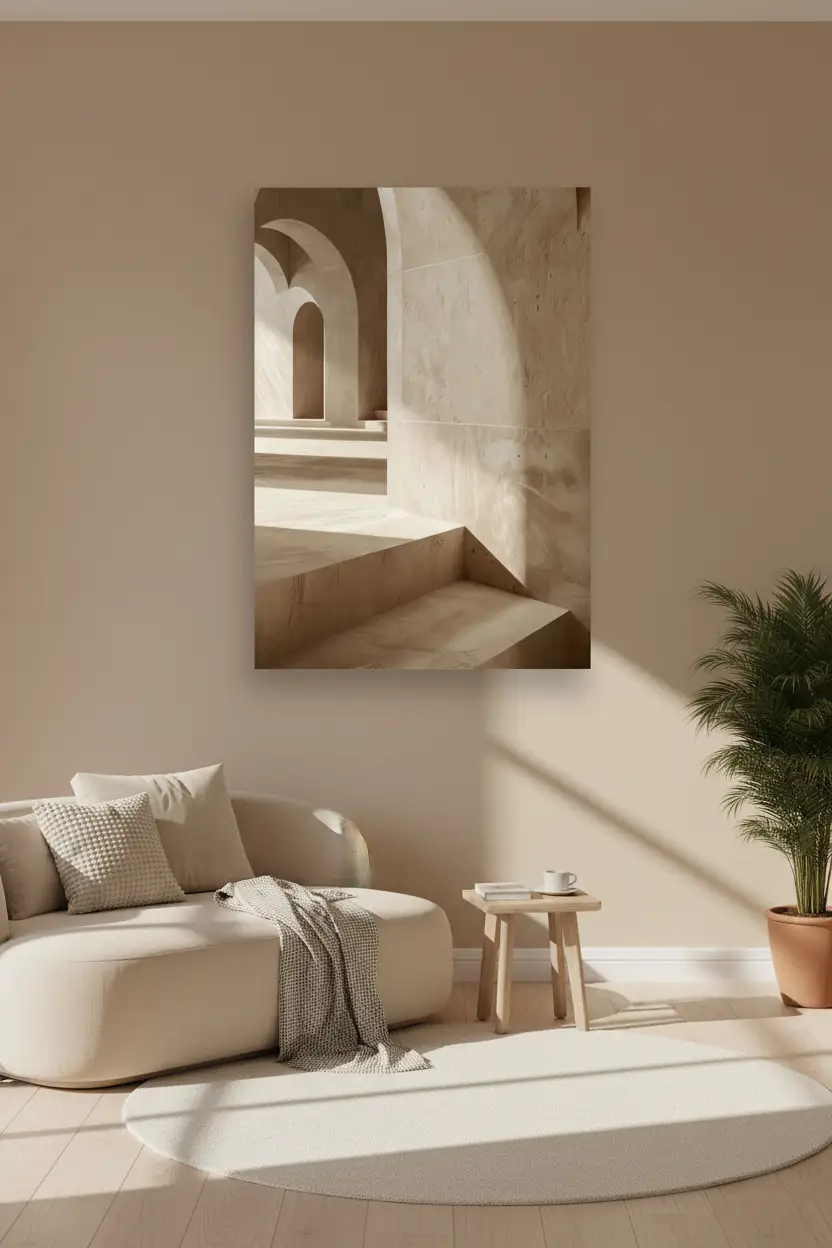 La Galerie des Arches — Affiche murale minimaliste beige architecture, affiche murale minimaliste avec cadre bois, décoration murale salon ou chambre, style méditerranéen
