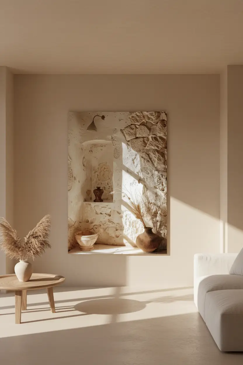 La Maison de Pierre — Affiche murale minimaliste sable architecture, affiche murale minimaliste avec cadre bois, décoration murale salon ou chambre, style méditerranéen