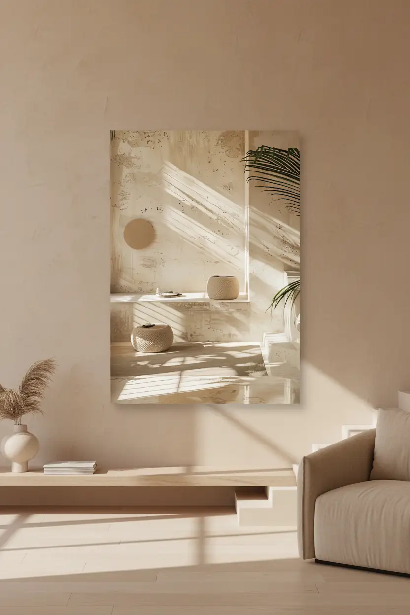 La Lumière des Poufs — Affiche murale minimaliste sable intérieur, affiche murale minimaliste avec cadre bois, décoration murale salon ou chambre, style méditerranéen