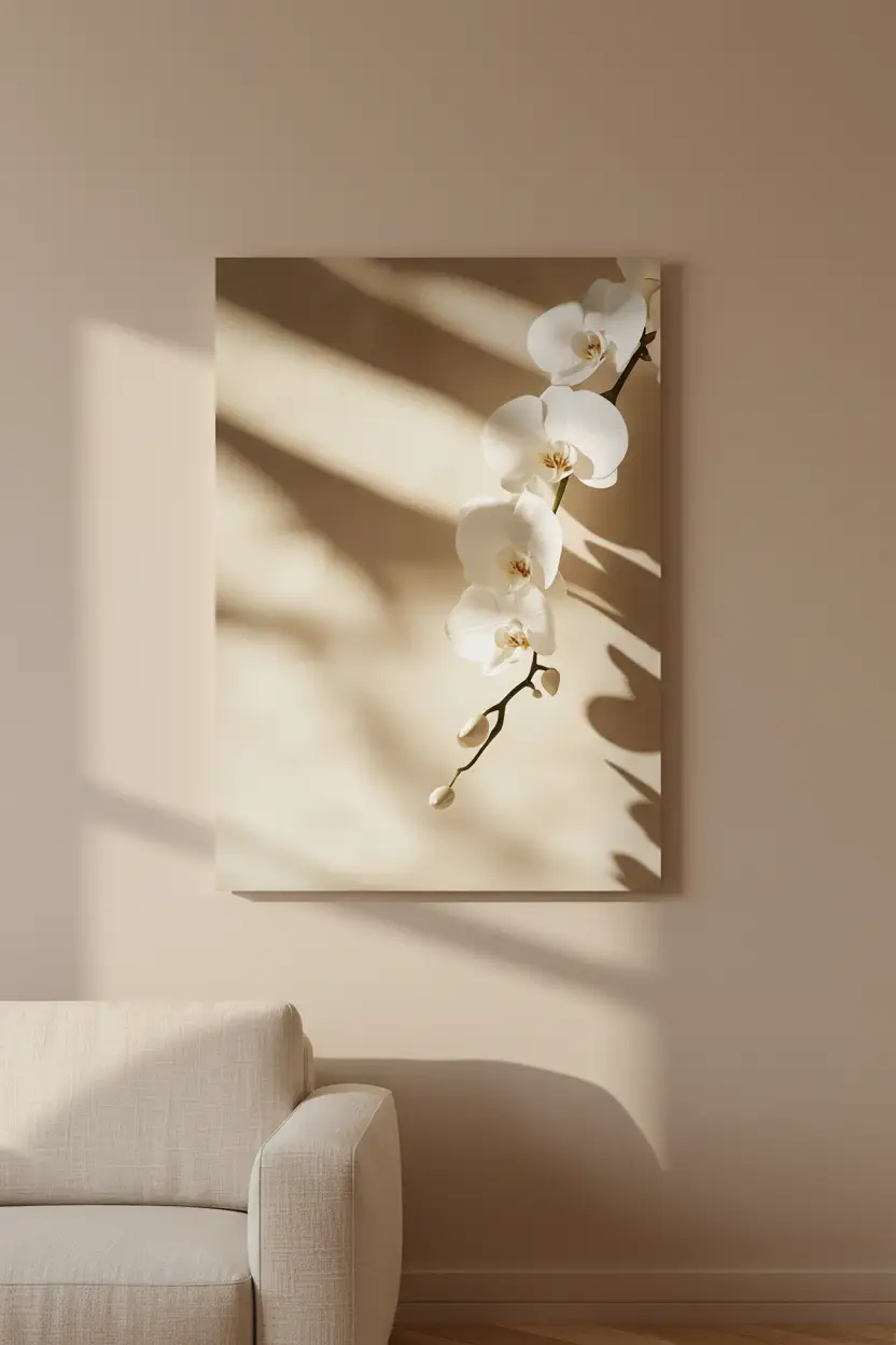 L’Orchidée et l’Ombre — Affiche murale minimaliste ivoire fleur lumière, affiche murale minimaliste avec cadre bois, décoration murale salon ou chambre, style méditerranéen